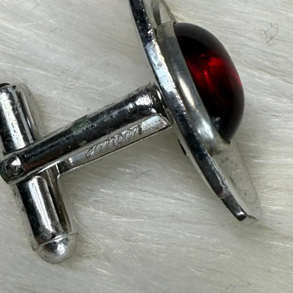 Vintage Anson Silver Tone Oval Red Cab Cuff Links